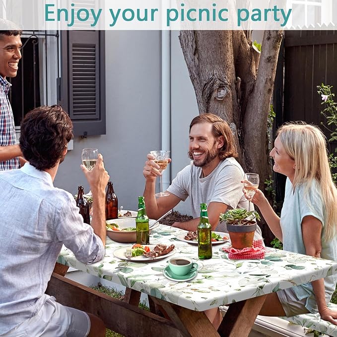 Picnic Table Cover with Bench Covers and Bag, Camping Essentials, Eucalyptus Leaves Outdoor Table Covers, Waterproof Windproof, Fitted Tablecloth Cover with Elastic Edge, 3 PCS, 30x72 Inch