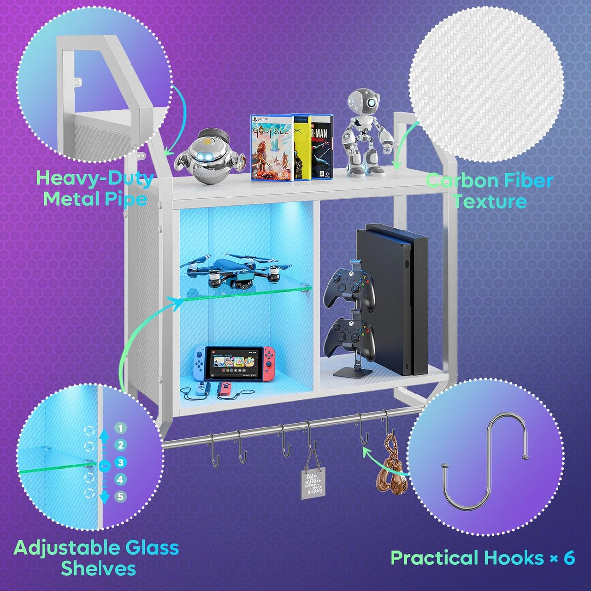 Bestier LED Gaming Floating Shelves for Wall, 25" Wall Mounted Shelf Pipe Adjustable Glass Shelves
