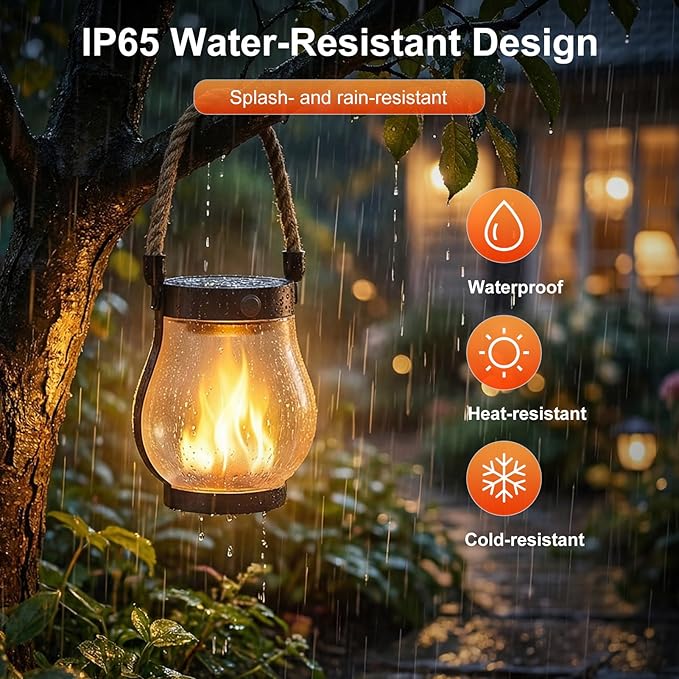 Solar Lanterns Outdoor Waterproof 2 Pack, Outdoor Solar Lanterns with Flickering Flame Effect, USB-C & Solar Charging, Auto Dusk to Dawn, Hanging Light for Garden Patio Yard