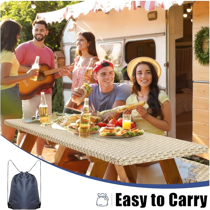 Smiry Picnic Table Cover with Bench Covers, Waterproof Elastic Fitted Tablecloth for 8 Foot Tables, Washable Polyester Tablecloths for Camping, Indoor & Outdoor (Champagne, 30x96 Inch 3-pc Set)