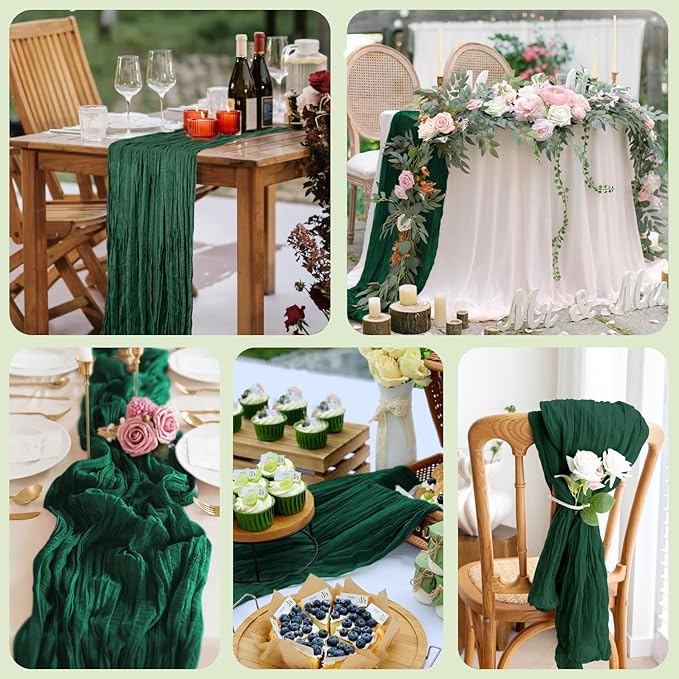 Asee'm 2PCS Table Runner Cheesecloth Christmas 10FT Emerald Green Boho Gauze Fabric Rustic Sheer Cheese Cloth Runners for Wedding Bridal Shower Party Spring Easter Decoration