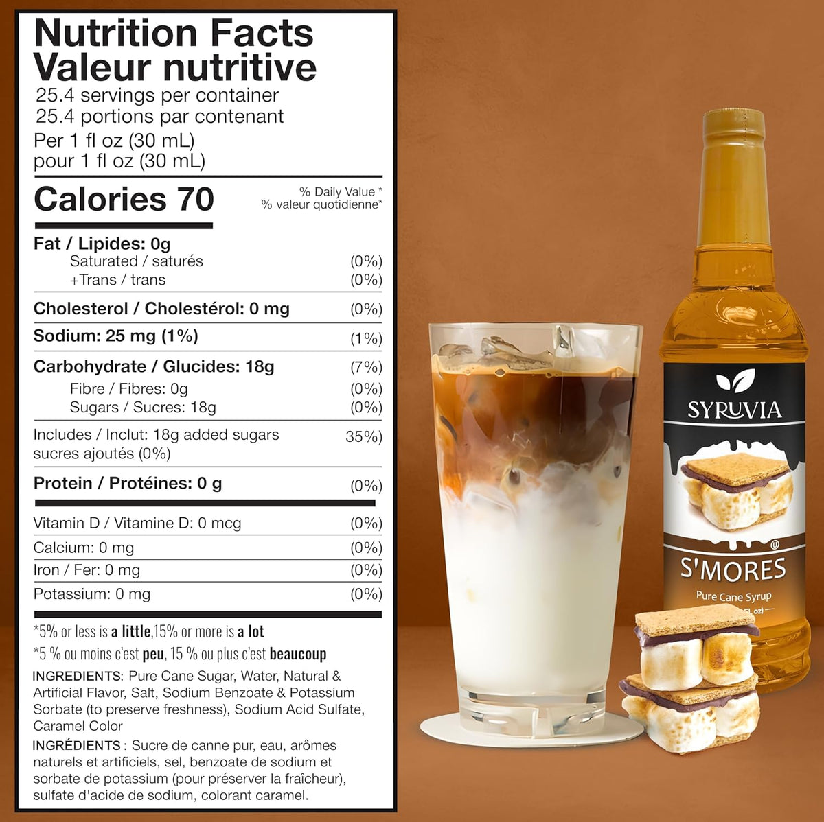 Syruvia S’mores Syrup for Coffee - 25.4 fl oz. Kosher and Gluten-Free. Perfect for Lattes, Smoothies, Shakes, Drinks, Desserts, and More.