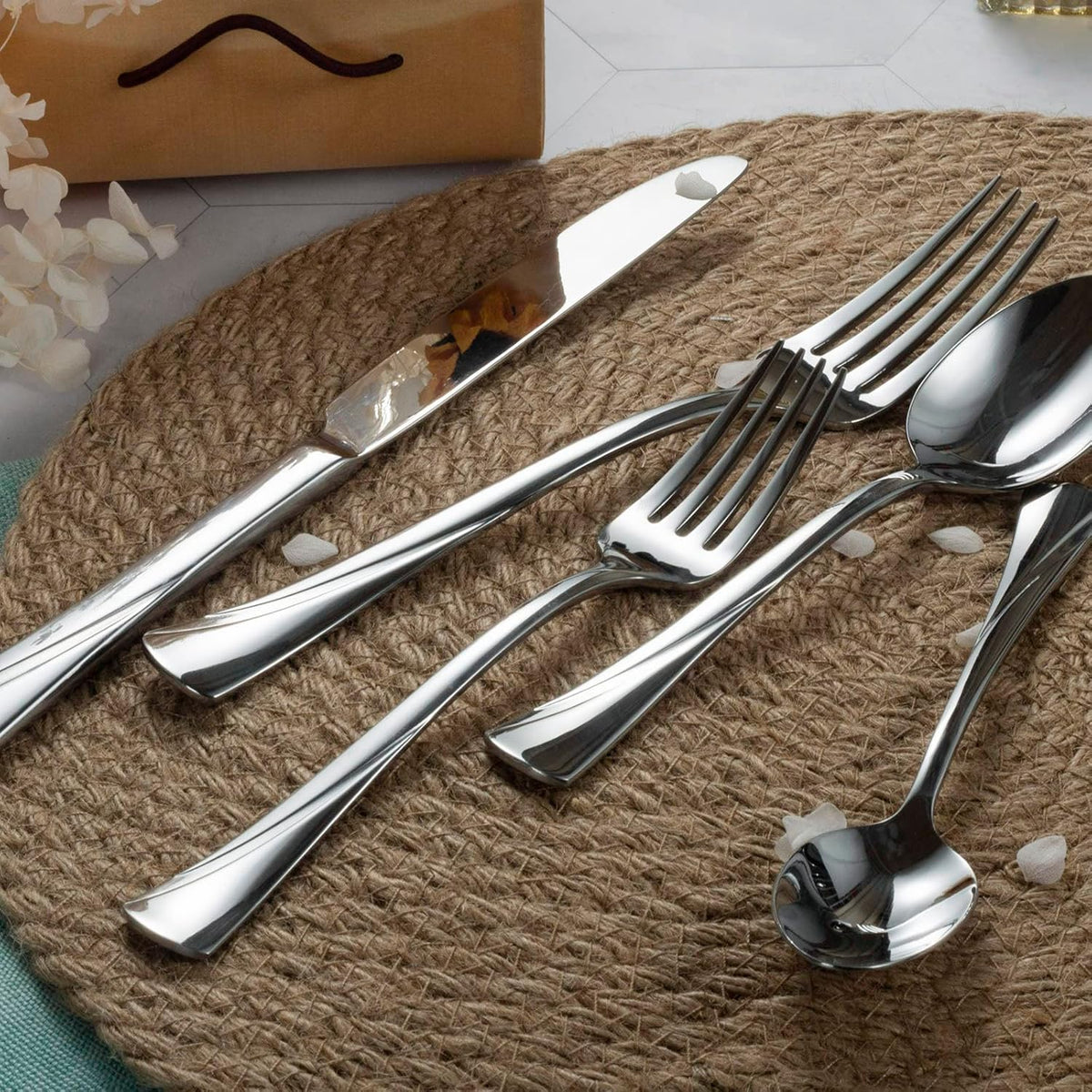 Alata Alice 65-Piece Silverware Set Stainless Steel Flatware Set,Service for 12,Mirror Polished Cutlery Set,Dishwasher Safe