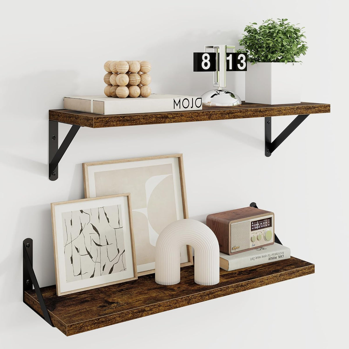 Dreamland Dark Brown Floating Shelves, 24W x 8D Wall Mounted Shelves Set of 2, Wide Display Ledge Shelf with Sturdy Metal Brackets for Living Room