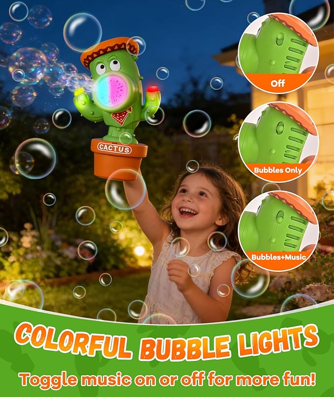 Bubble Machine for Kids, Rechargeable Cactus Bubble Maker with Lights & Music, Dancing Bubble Machine Toy with Bubble Solution Included, Outdoor Summer Toys for Kids, Birthday Party & Gift