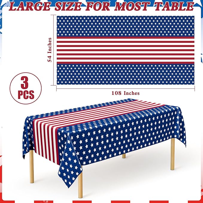 3Pcs 4th of July Tablecloths, 108" X 54" 250th Anniversary Patriotic Plastic Tablecloth, Rectangle 4th of July Table Cloth Red White Blue Tablecover, USA Party Supplies Independence Day Decorations