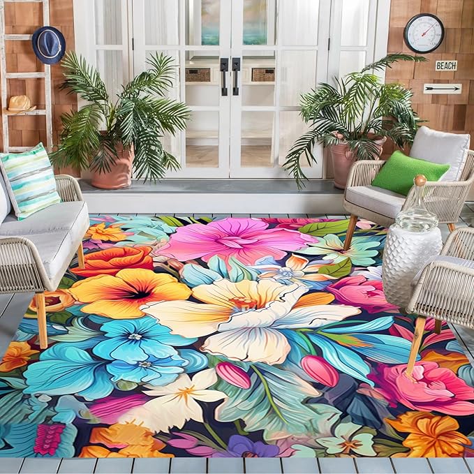 Large Floral Outdoor Rug for Patio Balcony Deck Camping Poolside Garden Machine Washable Waterproof Porch Backyard Outside Carpet 3x8 Orange Blue Pink Flower Mat Easy Clean