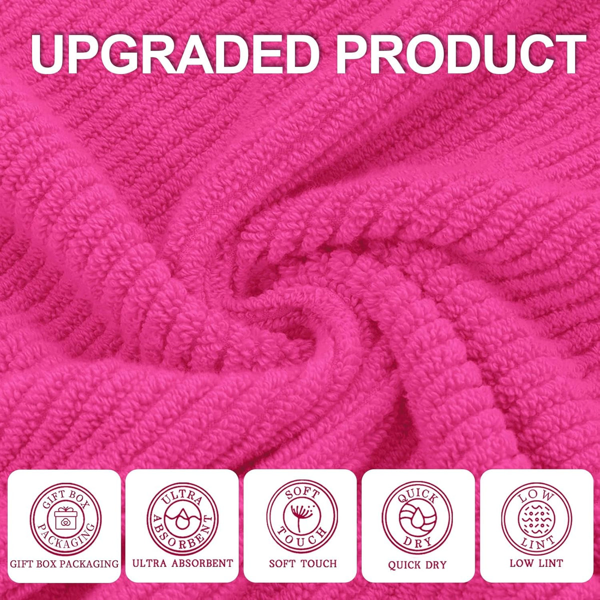 Hot Pink Towels - 100% Cotton, Soft, Quick Dry, Lightweight, Towel Set of 6, 2 Large Bath 30"x56", 2 Thick Hand 18"x28", 2 Absorb Washcloths 13"x13", Pink Bath Towel with Hanging Loop, Luxury Gift Set