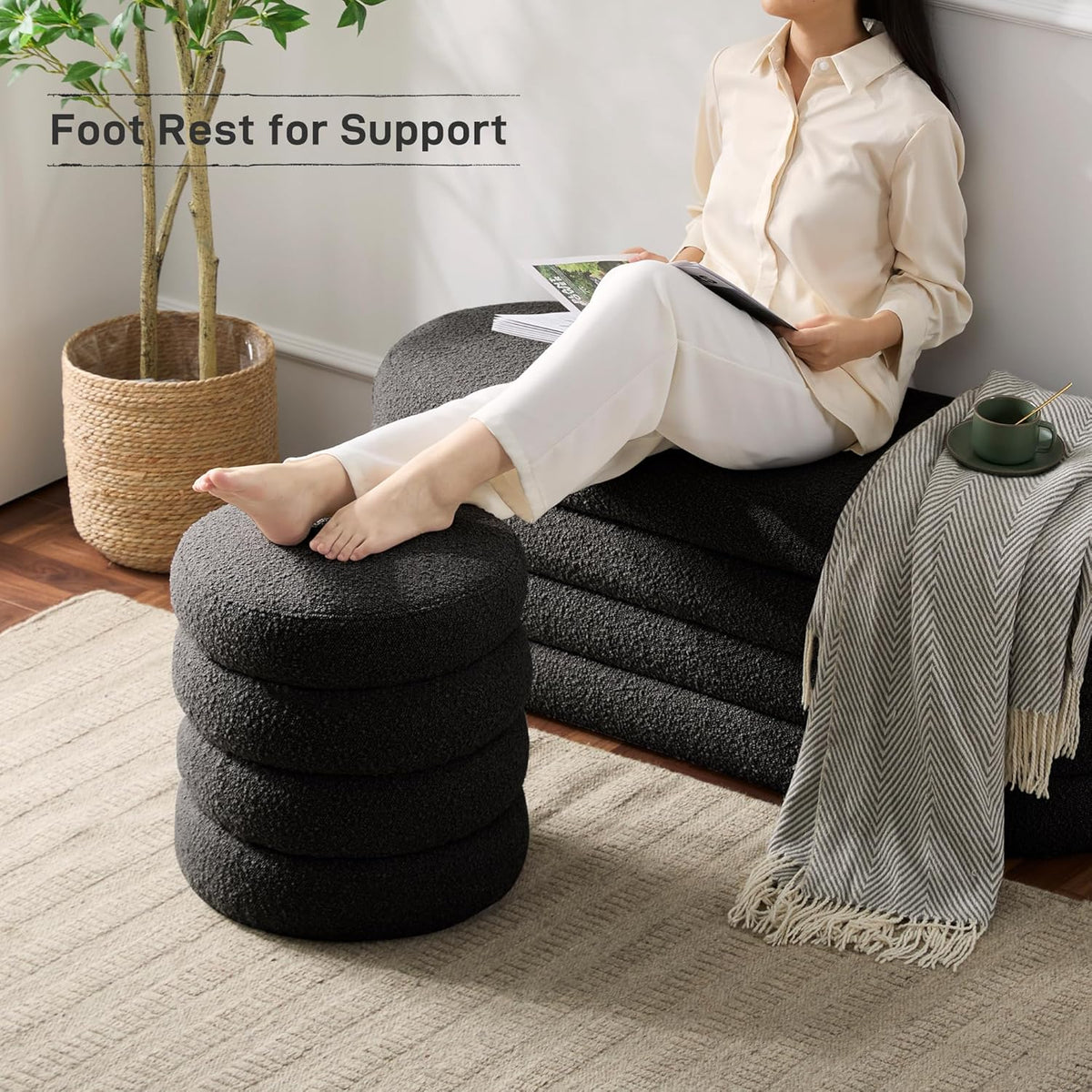 Round Ottoman with Storage Boucle Ottoman Stool with Storage Removable Lid for Living Room Modern Vanity Sorage Stool Foot Rest Bedroom Dorm Gifts Set of 2 (Black)
