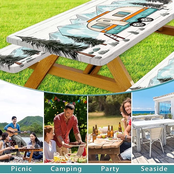 Happy Campers Picnic Table Cover with Bench Covers, RV Camping Tablecloth Fitted Picnic Table Covers, Pine Forest Country Wooden for Rectangle Tables Family Garden Outdoor Party Decorations, 30X96in