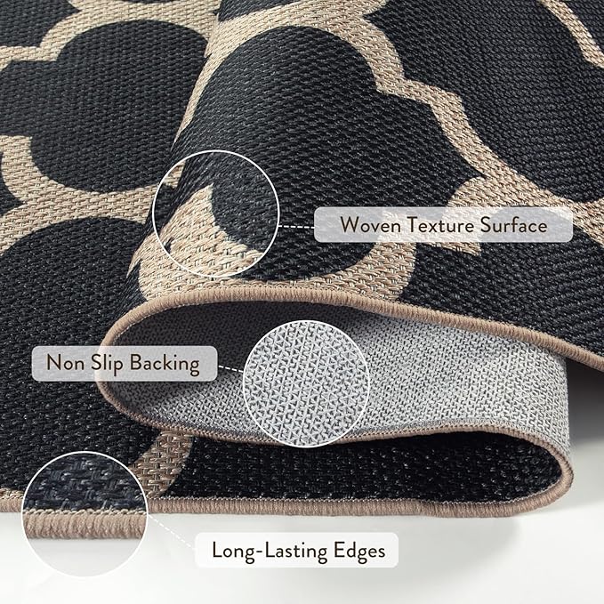 Lahome Moroccan Easy Jute Runner Rug 2x6, Black Outdoor Washable Runner Rugs for Porch Kitchen, Geometric Trellis Woven Long Carpet for Laundry, Thin Non Slip Farmhouse Porch Decor