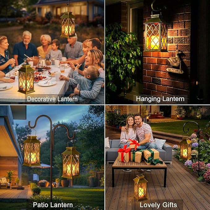 Solar Lanterns Outdoor Waterproof, Flickering Candles Hanging Solar Lights for Outside Garden Patio Wall Porch Decorative, Lamp with Upgraded Solar Panel, Tempered Glass & Clip, Bronze 2 Pack