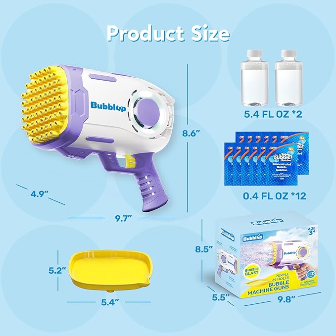 Play-Act 69 Holes Bubble Machine Guns Toys, Bazooka Rocket Shape Bubble Gun for Kids Adults, Colored Lights Blaster Blower with Solution Outdoor, Summer Toys, Party Favors, Wedding, Birthday
