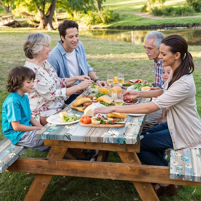 Floral Picnic Table Cover with Bench Covers, Camping Essentials, Wooden Flower Butterfly Waterproof Windproof, Fitted Tablecloth Cover with Elastic Edge, for Indoor, Outdoor, 3 PCS, 30x96 Inch
