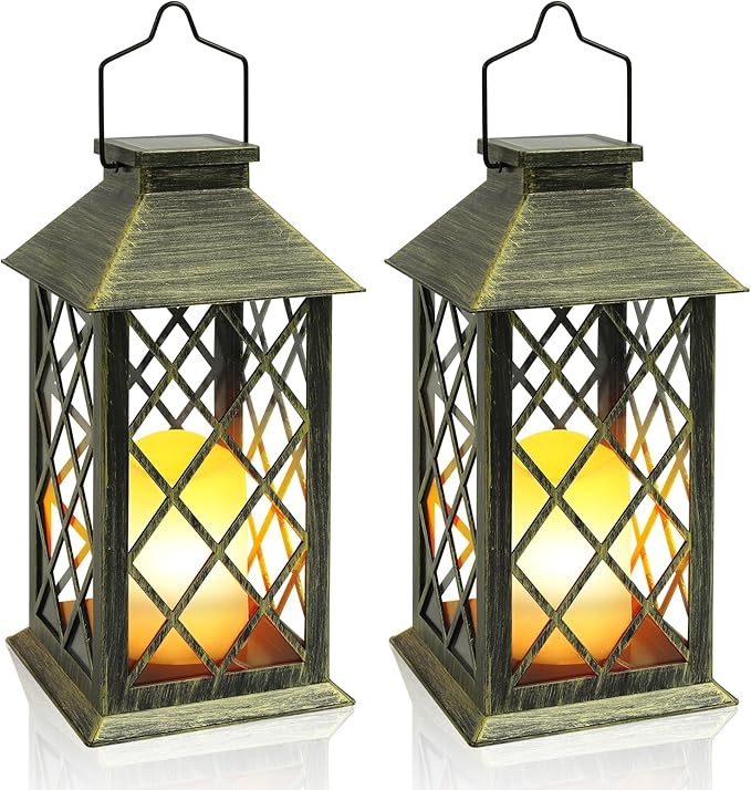 Solar Lantern Outdoor, 2 Pack 14" Waterproof Outdoor Garden Hanging Lanterns ,Flickering Dancing Flame Candle Mission Lights for Outdoor Mothers Day Gifts and Christmas
