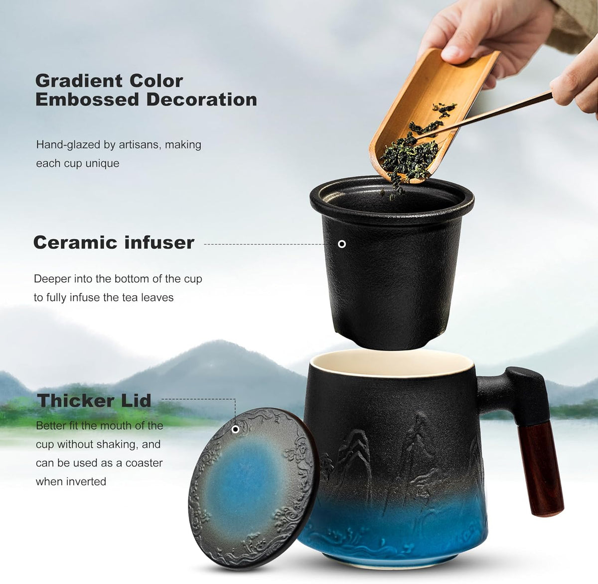 suyika Ceramic Tea Cup with Infuser and Lid, Gradient Embossed Large Tea Mug Wooden Handle for Steeping Loose Leaf, Tea Lover Gifts 15.2 oz / 450 ml