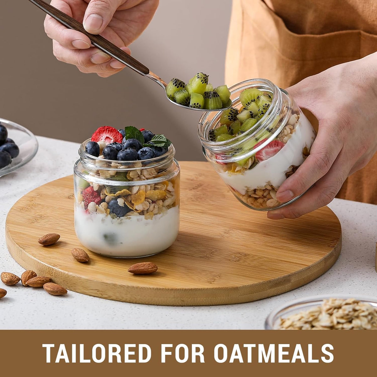 Netany 4-pack 8oz Glass jars with Airtight Lids, Overnight Oats Containers with Bamboo Lids, Wide mouth Mason Salad jars