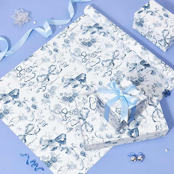 WERNNSAI Blue Bow Floral Wrapping Paper Roll - 1 Roll 17”x 33 ft Baby Blue Bow Gift Wrap Paper Vintage Floral Gift Packing for Coquette Birthday Wedding Bridal Shower Party Supplies