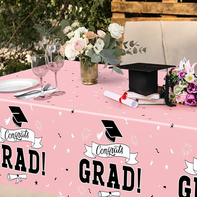 2 PCS Graduation Tablecloth, 108" X 54" Pink Graduation Decorations 2026, Disposable Plastic Tablecover for Class of 2026 Congrats Grad, Rectangle Table Cloths for Grad Decor Party Supplies for Kids