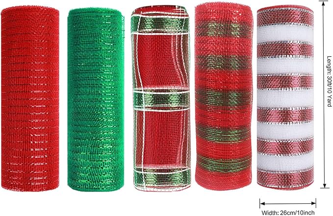 5 Rolls Christmas Mesh Ribbon for Wreath, 10 Inch x 30FT Per Roll Metallic Foil Deco Mesh Rolls Red White Green Stripe Decorative Mesh for Christmas Tree Winter Holiday Wreath Party Decor