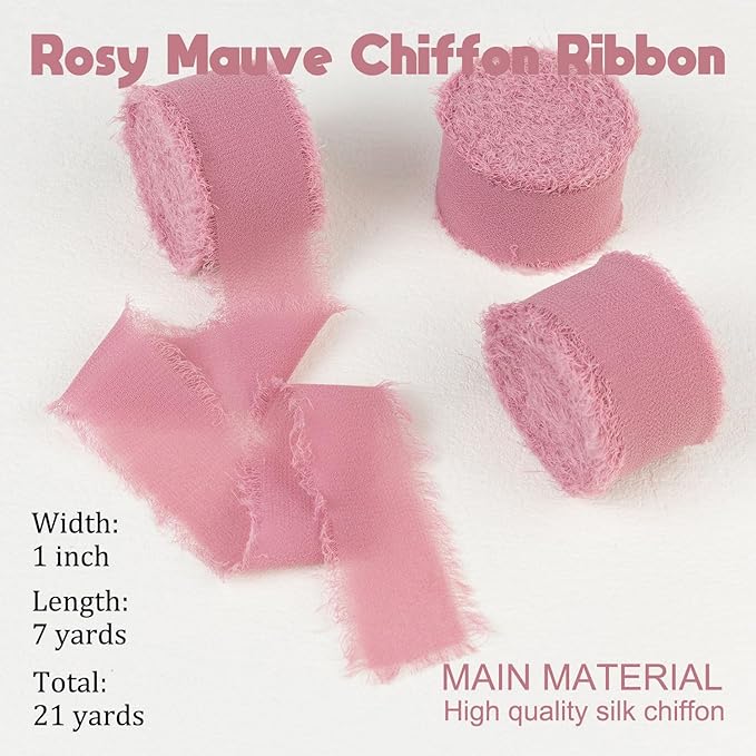 Rosy Mauve Chiffon Ribbon - 1 Inch x 21 Yards, Handmade Fringe, Silk, Boho Frayed, Gift Wrapping, Wedding Invitation, Bridal Flower Bouquets