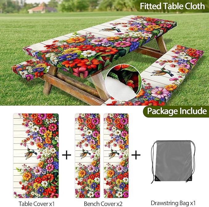 Floral Picnic Table Cover with Bench Covers, Camping Bird Flower Wooden Spring Essentials Waterproof Windproof Camping Tablecloth with Drawstring Bag, Fitted Rectangle Tables and Seats, 60in