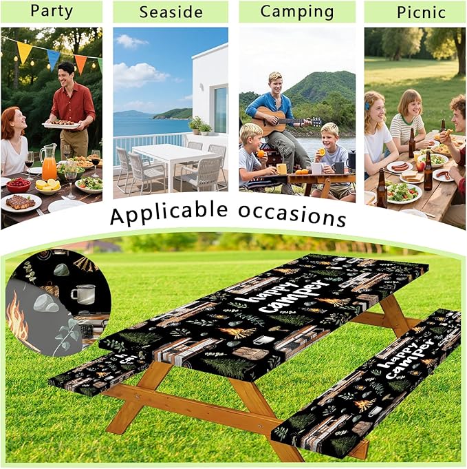 JAWO Picnic Table Cover with Bench Covers, Happy Camper Tablecloth,RV Plants Bonfire Black Rectangle Tablecloth for Indoor Outdoor Patio, 96x30 Inch