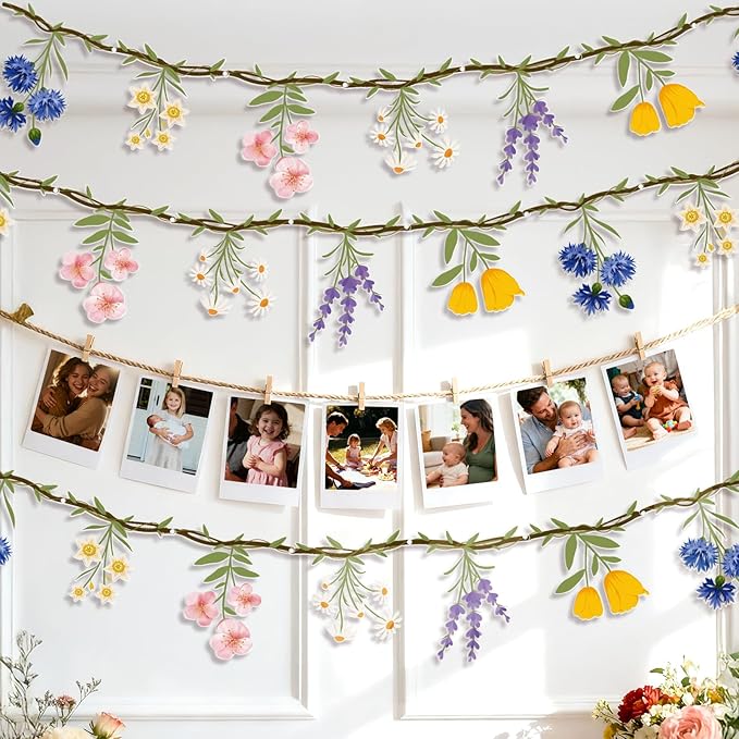 JIAYIQI 2PCS Wildflower Party Decorations, 7.9FT Pre-Strung Floral Garlands for Baby Shower Bloom Birthday Tea Party Wedding, Reusable & DIY Flower Banner for Garden Theme Grad in Bloom & Mothers Day
