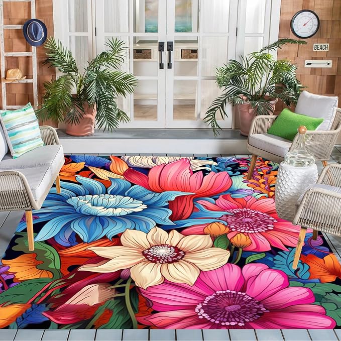 Floral Outdoor Rug Vibrant Waterproof Non Slip Patio Rugs for Balcony Garden Camping Poolside 2x3 Machine Washable Porch Deck Flower Print Outside Carpet Vintage Bathmat Blue Pink