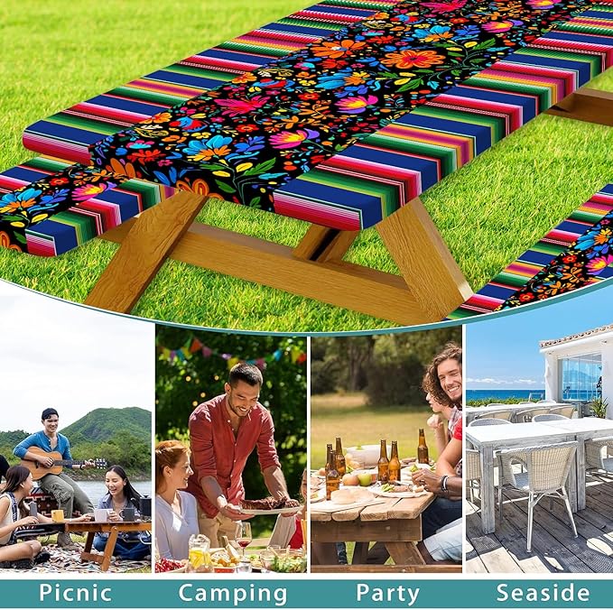 Mexico Picnic Table Cover with Bench Covers and Bag, Camping Essentials, Cinco De Mayo Fiesta Stripes Fitted Table Cover, 6ft Outdoor Tablecloth Waterproof Windproof with Elastic Edge 3 PCS 30x96 Inch