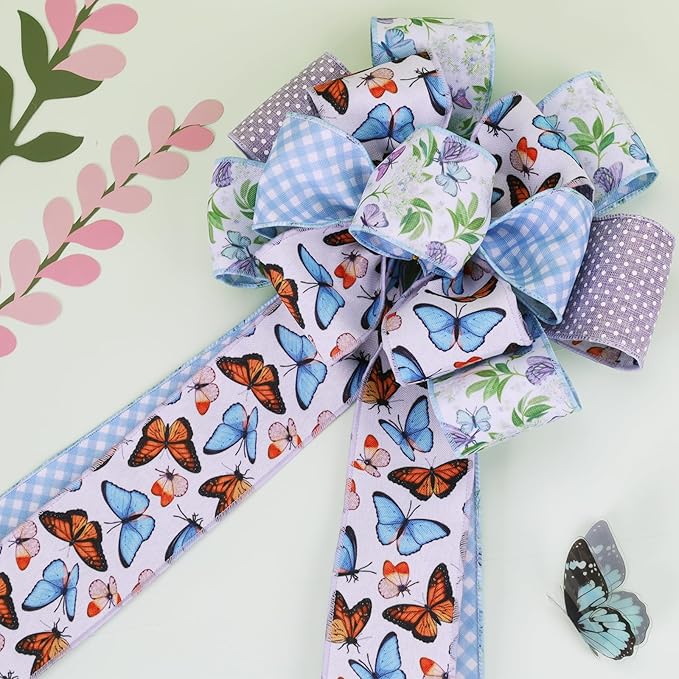 LaRibbons Double Faced Butterfly Wired Ribbon 2 Rolls 2.5 Inch x 12 Yards TTL, Blue and Purple Burlap Spring Ribbon with Plaid and Polka Dot Printed for Crafts Wreath Gift Wrapping Bow Decoration