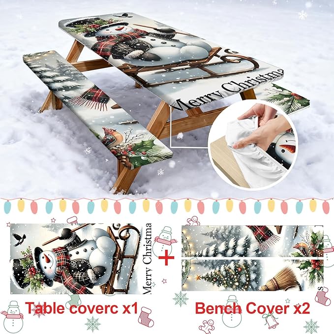 Picnic Table Cover with Bench Covers Set of 3, Elastic Fitted Tablecloth for 6 Foot Tables, Washable Polyester Tablecloths for Camping, Indoor & Outdoor