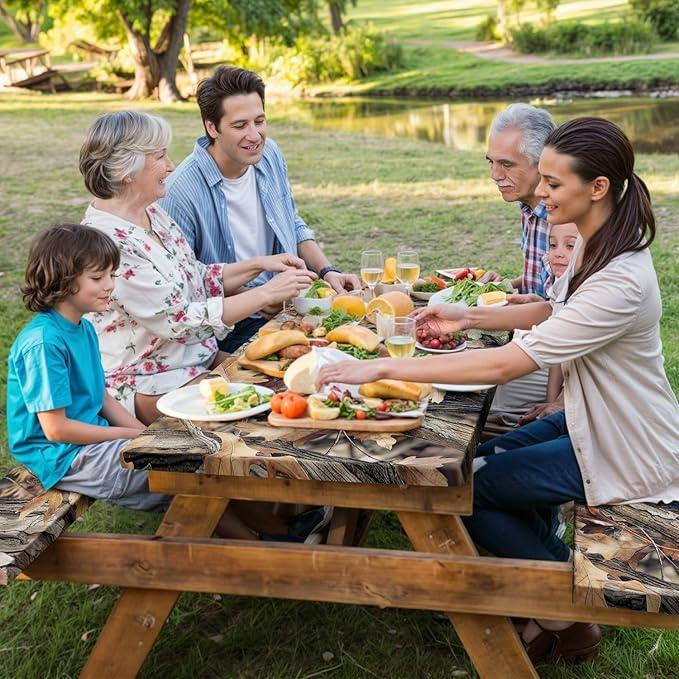 Camo Picnic Table Cover with Bench Covers, Oak Camouflage Patterns Camping Essentials Tablecloth Waterproof Fitted Rectangle Tables and Seats, Outdoor Table Covers with Elastic Windproof Edges