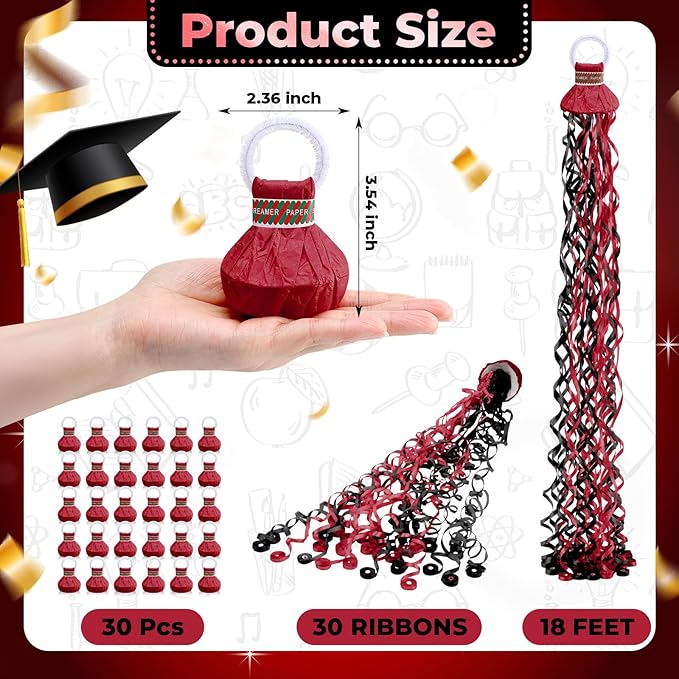 WinnerWhy 30 Pcs No Mess Confetti Poppers Hand Throw Streamers Party Poppers for Graduation 2026 Birthday Celebrations Wedding Engagement Bachelorette Party Supplies(Black and Wine Red)