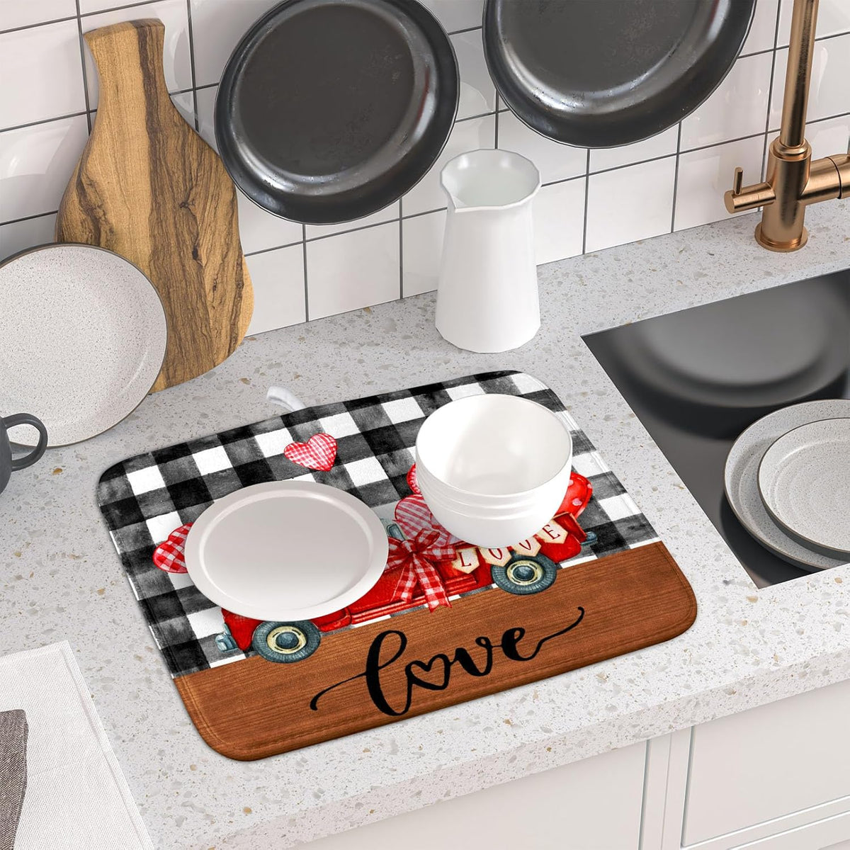 Valentine's Day Red Heart Truck Dish Drying Mat for Kitchen Counter,Black White Buffalo Plaid Love Drying Mat 16 x 18 Inch with Absorbent Reversible