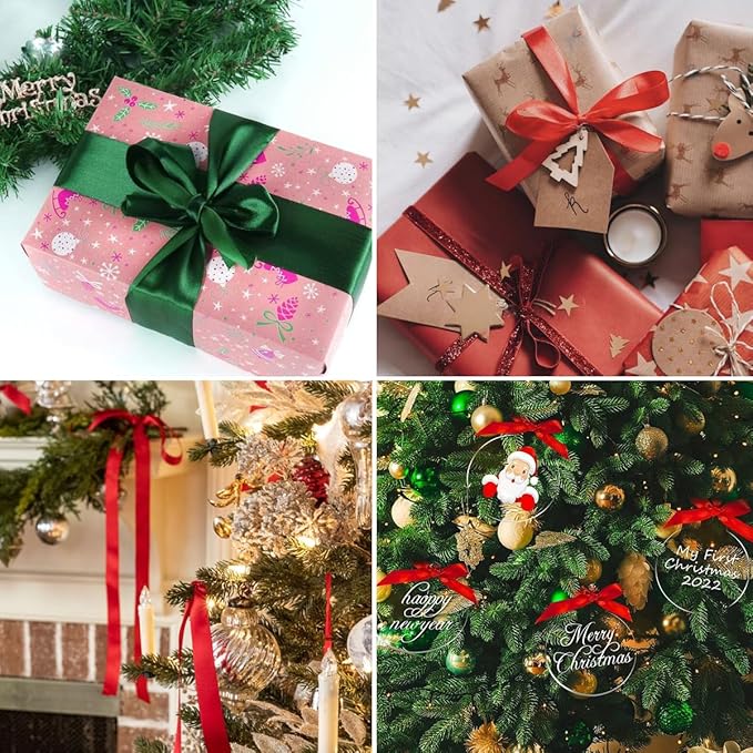 Dark Green Christmas Ribbon, Burgundy Satin Ribbon 1-1/2 Inch 50 Yards, Fabric Ribbons for Christmas Party Decorations, Gift Wrapping, Tree Ornaments, Bouquets, Door Wreath, Bows Making and DIY Crafts
