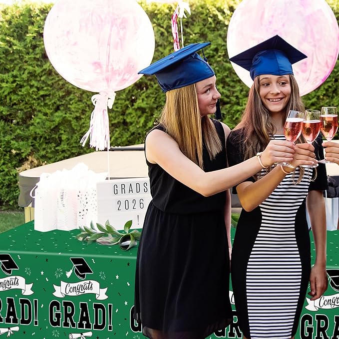2Pcs Graduation Tablecloth, 108" X 54" Green Graduation Table Decorations 2026, Rectangle Tablecloths for Class 2026 Congrats Grad, Disposable Plastic Tablecover for Grad Decor Party Supplies for Kids