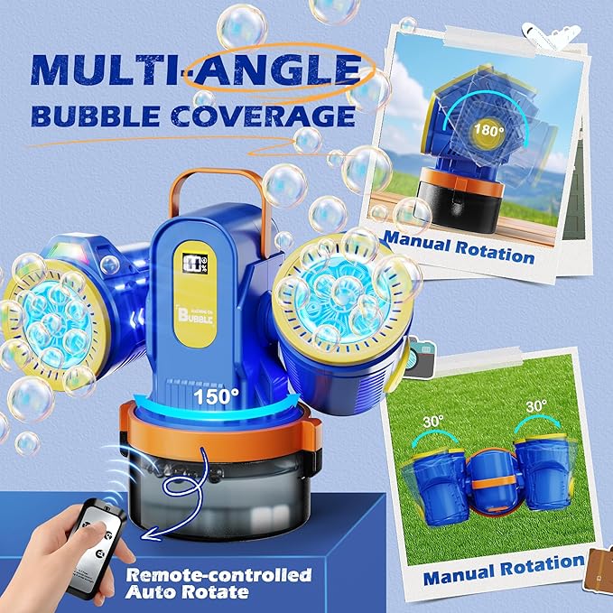 Belemar Dual-Engine Bubble Machine for Kids with RGB Lights & Remote Control, 150° Auto Rotation, Battery Status Display, Type-C Rechargeable,700mL Tank for Parties, Weddings, Outdoor Events