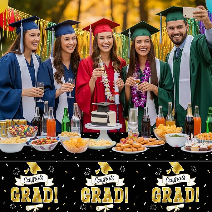 2Pack Graduation Decorations 2026, 108" X 54" Graduation Tablecloth, Blackgold Rectangle Class of 2026 Table Cloths, Disposable Plastic Congrats Grad Tablecover for Grad Party Favors Supplies for kids
