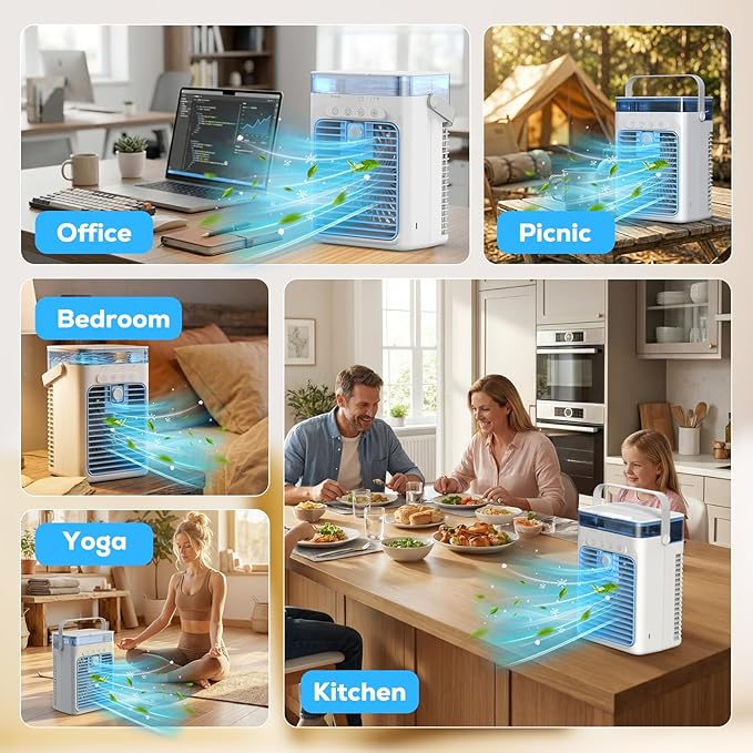 Portable Air Conditioners, Personal Evaporative Air Cooler, 3-Speed Small AC Fan, 8H Auto-off, Mini Air Conditioner, Cooling Fan for Car, Desktop, Camping, Bedroom, Office (Blue)