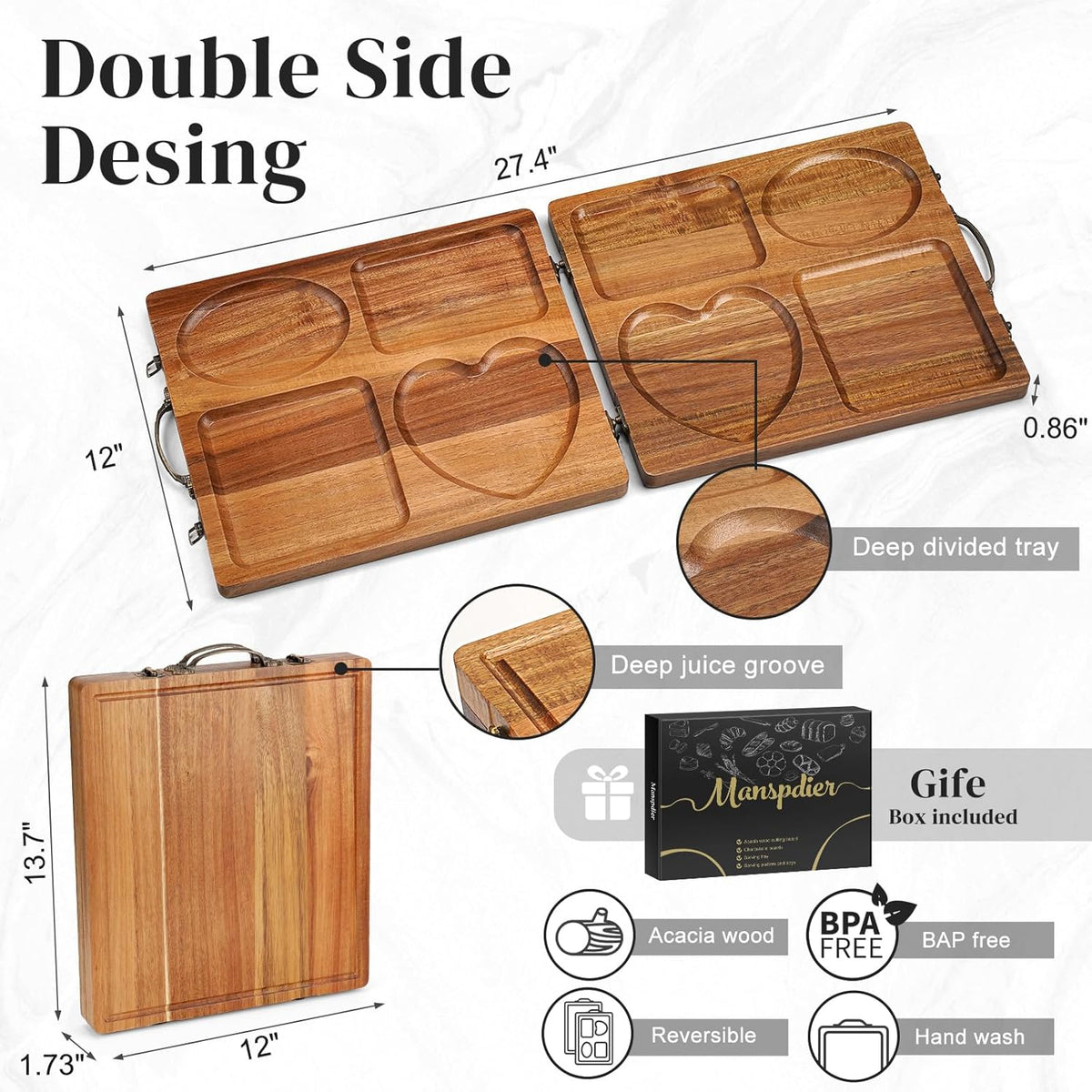 Double Side Acacia Wood Serving Tray, Serving Platters and Trays, Charcuterie Boards Wooden Tray with Vintage Metal Handles