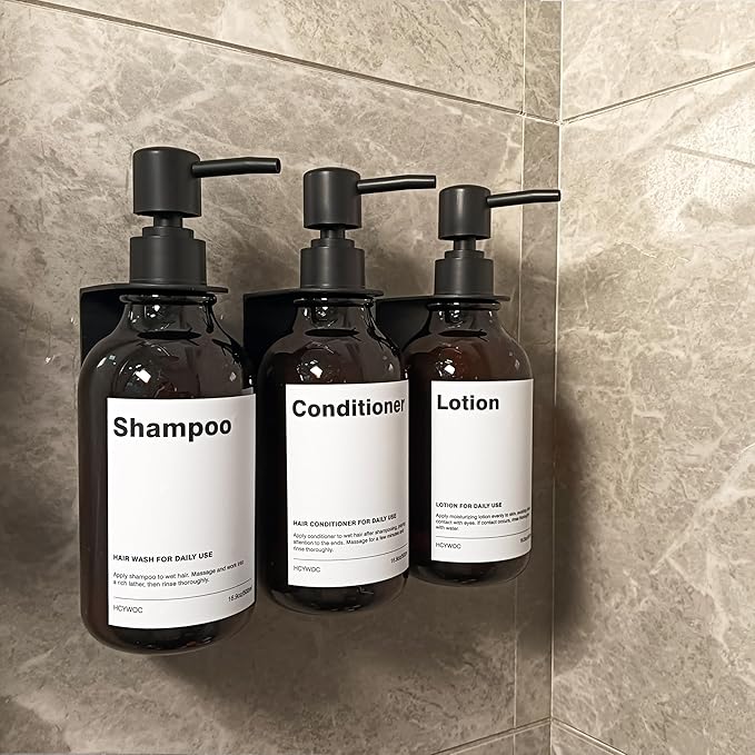 Shampoo Dispenser for Shower Wall, Shampoo and Conditioner Dispenser with 16 Waterproof Labels, Shower Dispenser 3 Chamber No Drill, Shower Soap Dispenser Wall Mounted for Bathroom, 17oz, Amber