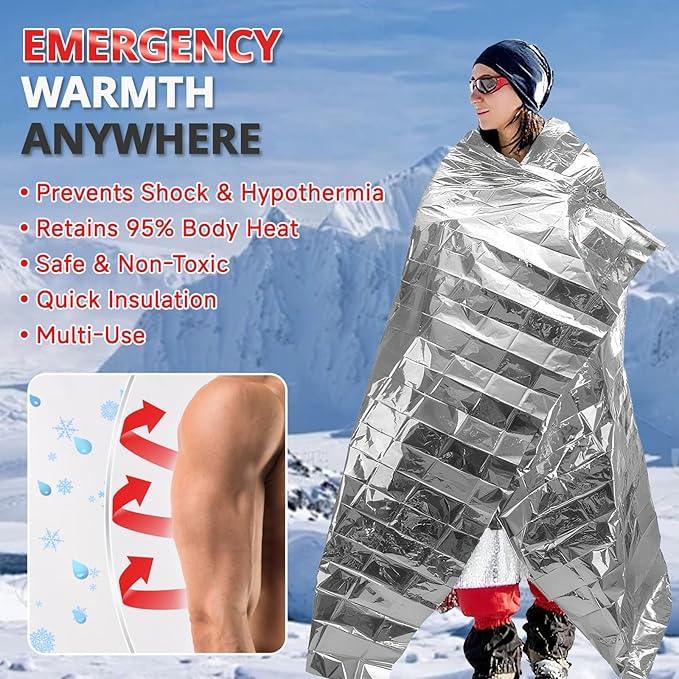 SecuCaptain Survival Emergency Thermal Blankets: 30 Pack Extra Large 84” x63” Space Mylar Blanket Kit for Outdoor Cold Winter Camping Hiking Car Bug Out Bag or First Aid