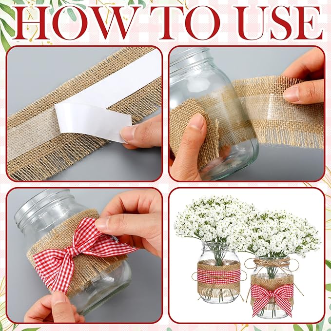 Daifunli 6 Set Picnic Party Centerpieces for Table Mason Jar Table Decor with Artificial Flowers Red Gingham Ribbon for Picnic Birthday Party BBQ Baby Shower Wedding(6,Classic Baby's Breath)