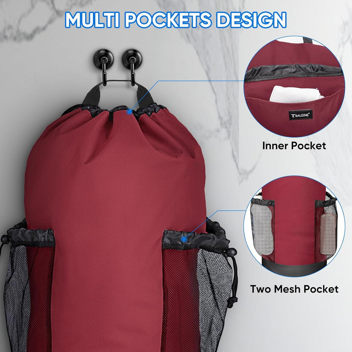 BALEINE 120L Laundry Bag Backpack, 900D Oxford Fabric Large Travel Laundry Bags with Shoulder Straps and 2 Mesh Pockets for College Dorm, Apartment, Laundromat (Red, 120L)