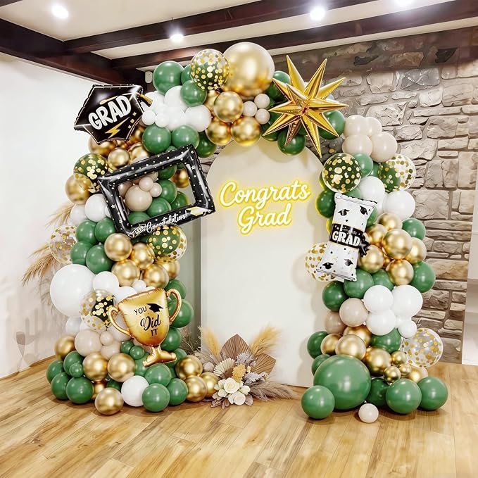 146Pcs Sage Green Gold White Graduation Balloon Garland Arch Kit,with Explosion Star,Diploma,Trophy,Grad Hat,Photo Frame Foil Balloon for Congrats Class of 2026 Graduates Celebration Party Decoration