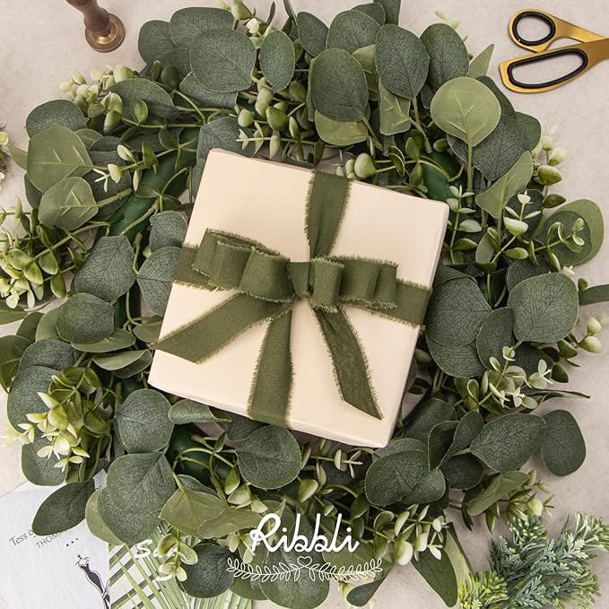 Ribbli 3 Rolls Green Ribbon 1 Inch x 18 Yards Ivory Sage Moss Handmade Cotton Frayed Fringe Ribbons for Gift Wrapping Wedding Invites Bridal Bouquets Baby Shower DIY Crafts Home Decor
