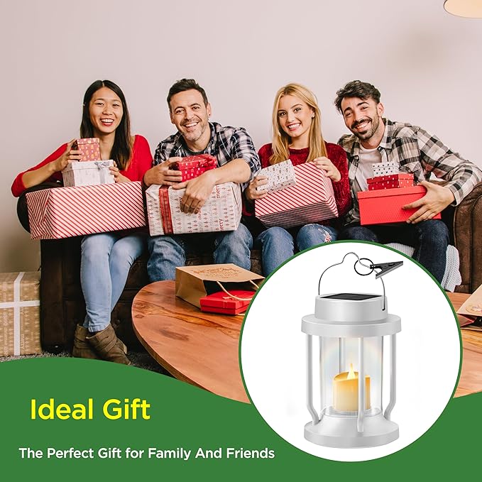 Solar Lantern Outdoor & Indoor Use – Hanging Solar Lights with Realistic Flickering Flameless Candle, Weatherproof for Gardens, Patios, Trees, and Lawns (White, 2 Pack)