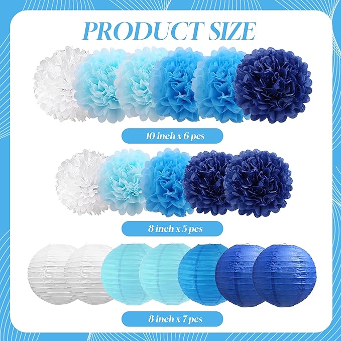 BEISHIDA Blue White Tissue Hanging Paper Flowers Lanterns Party Decorations Set for Birthday Graduation Baby Shower Bridal Bachelorette Wedding Photo Booth Backdrops Party Supplies(18 Packs)