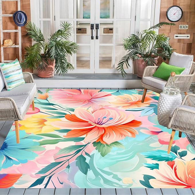 Washable Outdoor Rug with Floral Texture 10x12 Waterproof Non Slip Vibrant Area Rugs for Patio Deck Garden Balcony Large Flower Print Camping Porch Backyard Outside Carpet Aqua Pink